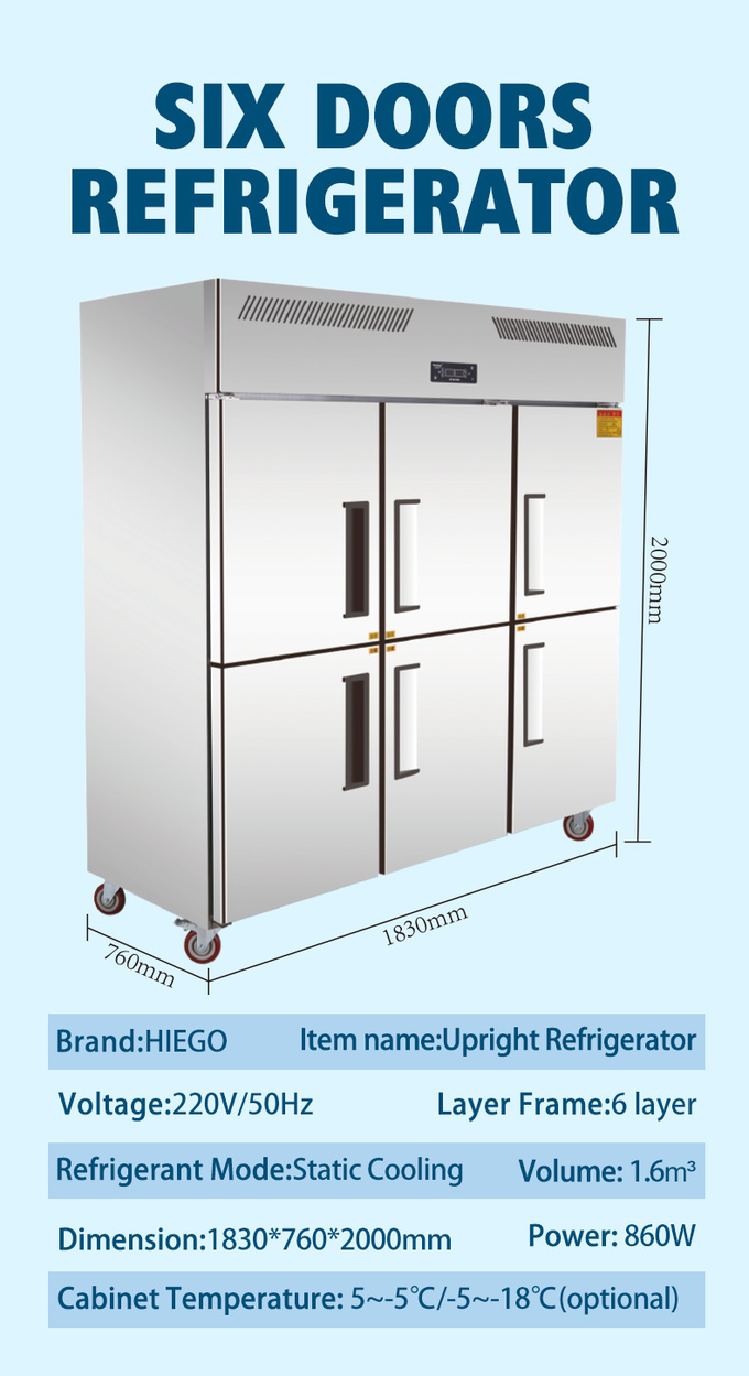 6 refroidissement direct droit du réfrigérateur R134a 1600L d'acier inoxydable de porte 10